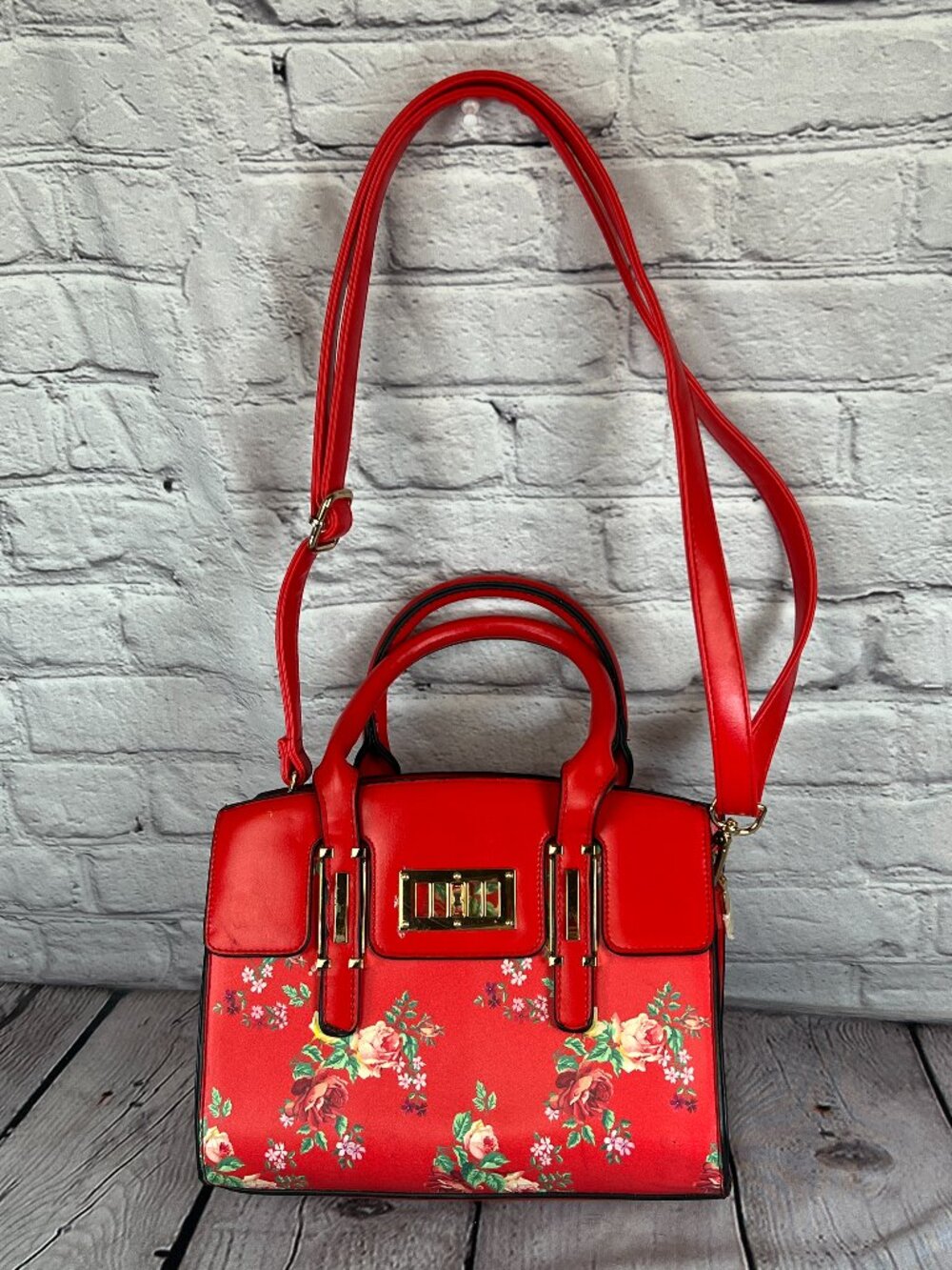 Red Floral Faux Leather Handbag with Crossbody Strap NWOT Cottagecore